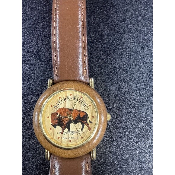 Natures Time Buffalo Quartz Watch 34mm Round Gold Tone Wood Dial & Bezel - Picture 2 of 3